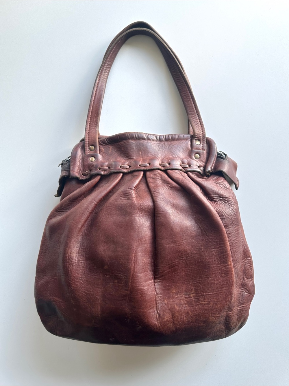 Vintage 70s Women's Leather Shoulder Bag Thick Brown Leather Hippie Boho